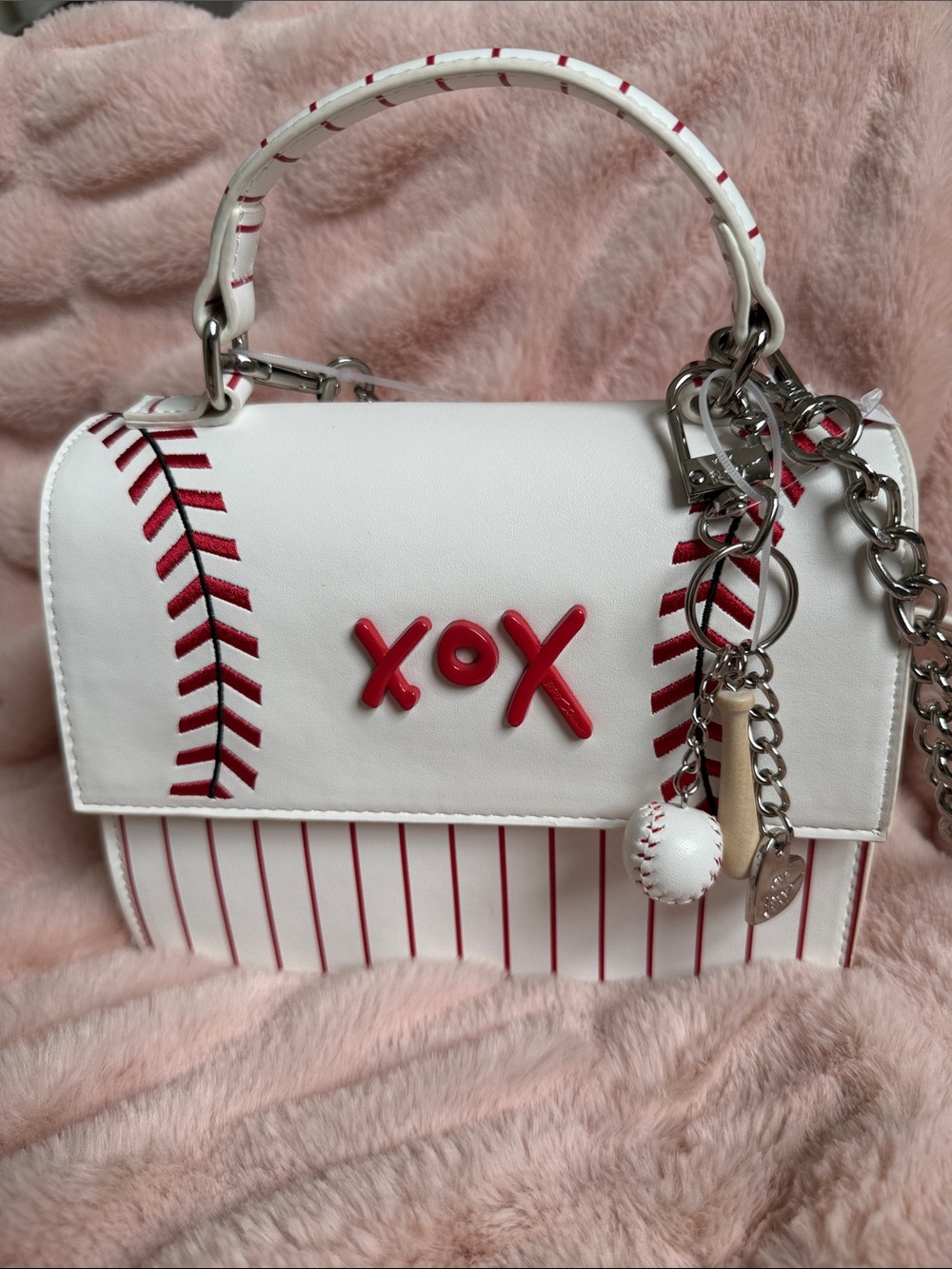Betsey Johnson White & Red XOX Betsey Baseball-Style crossbody with charms